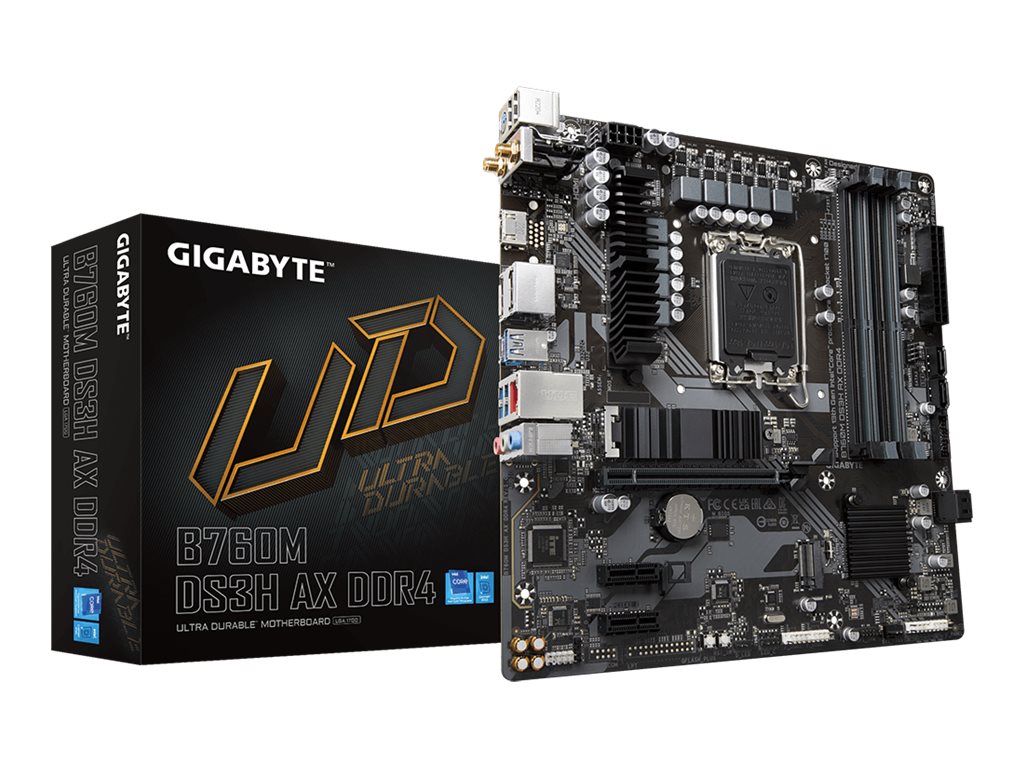 Gigabyte | B760M DS3H AX DDR4 1.0 M/B | Processor family Intel | Processor socket LGA1700 | DDR4 DIMM | Memory slots 4 | Supported hard disk drive interfaces SATA, M.2 | Number of SATA connectors 4 | Chipset Intel B760 Express | Micro ATX - Image 10