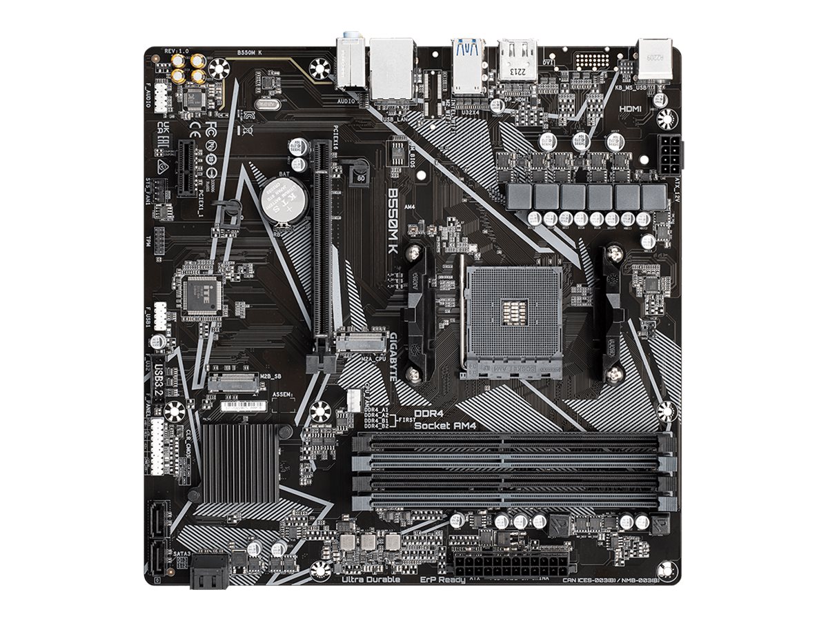 Gigabyte | B550M K 1.0 M/B | Processor family AMD | Processor socket AM4 | DDR4 DIMM | Memory slots 4 | Supported hard disk drive interfaces SATA, M.2 | Number of SATA connectors 4 | Chipset AMD B550 | Micro ATX - Image 4