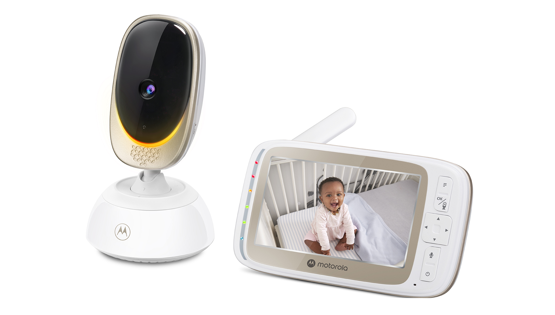 Motorola | Wi-Fi Video Baby Monitor with Mood Light | VM85 CONNECT 5.0" | 5" TFT color display with 480 x 272 resolution; Lullabies; Two-way talk; Room temperature monitoring; Infrared night vision; LED sound level indicator; Wi-Fi connectivity for on-the-go viewing; 2.4GHz FHSS wireless technology for in-home viewing; Remote pan scan, digital tilt and zoom; Remote pan scan, digital tilt and zooml; High sensitivity microphone; Secure and private connection; Multi-color mood light | White/Gold - Image 2