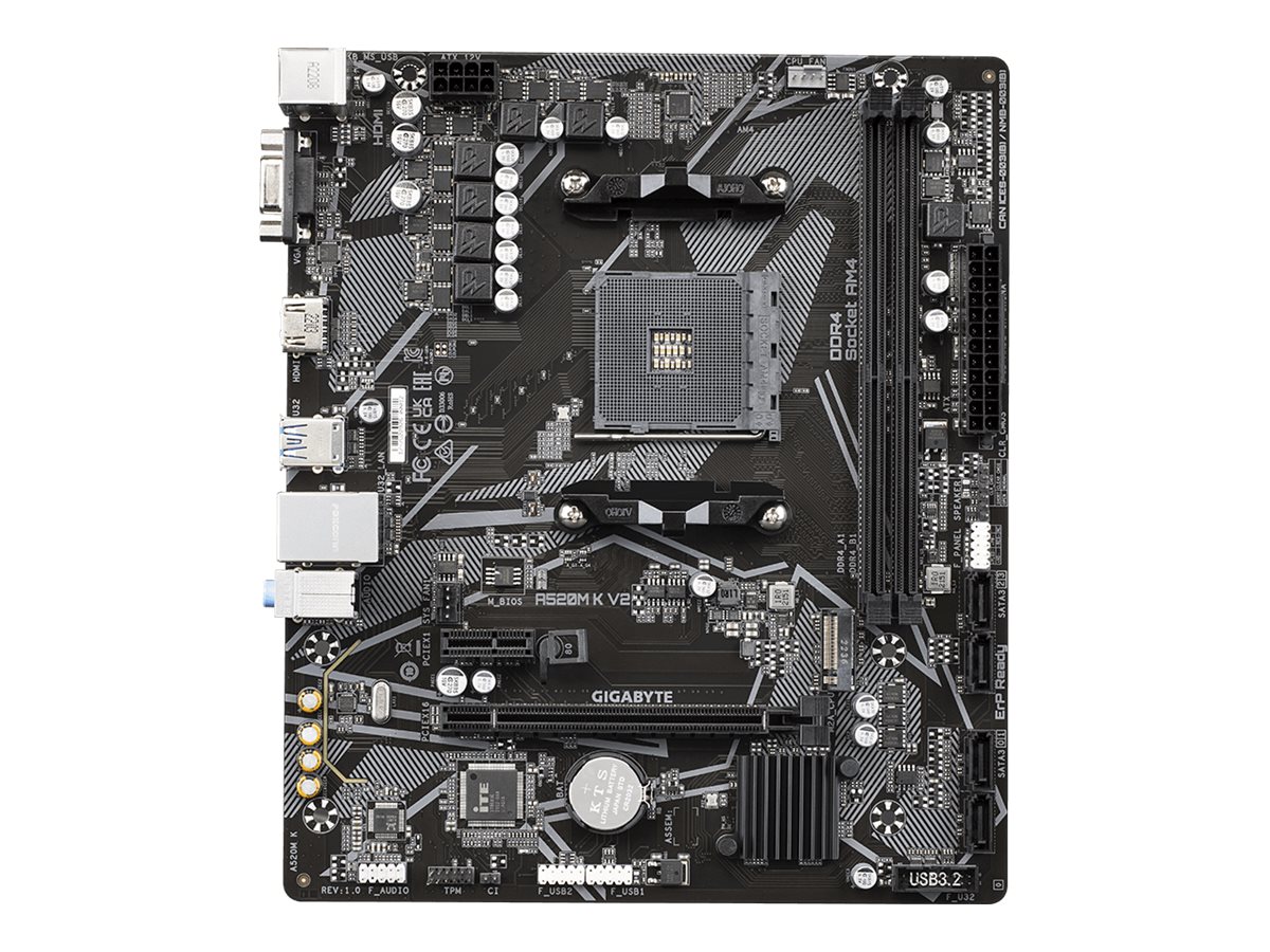 Gigabyte | A520M K V2 1.0 M/B | Processor family AMD | Processor socket AM4 | DDR4 DIMM | Memory slots 2 | Supported hard disk drive interfaces SATA, M.2 | Number of SATA connectors 4 | Chipset AMD A520 | Micro ATX