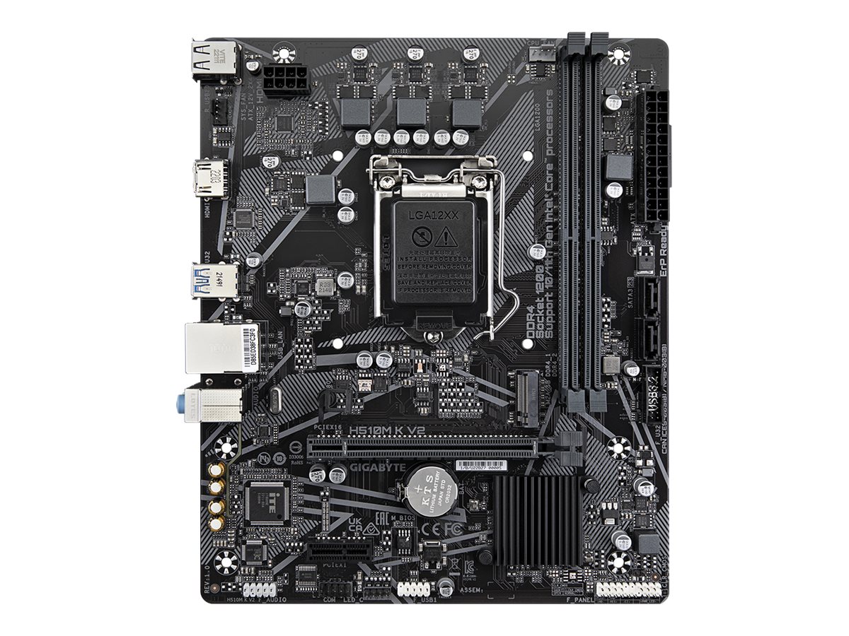 Gigabyte | H510M K V2 1.0 M/B | Processor family Intel | Processor socket LGA1200 | DDR4 DIMM | Memory slots 2 | Supported hard disk drive interfaces SATA, M.2 | Number of SATA connectors 2 | Chipset Intel H470 Express | Micro ATX
