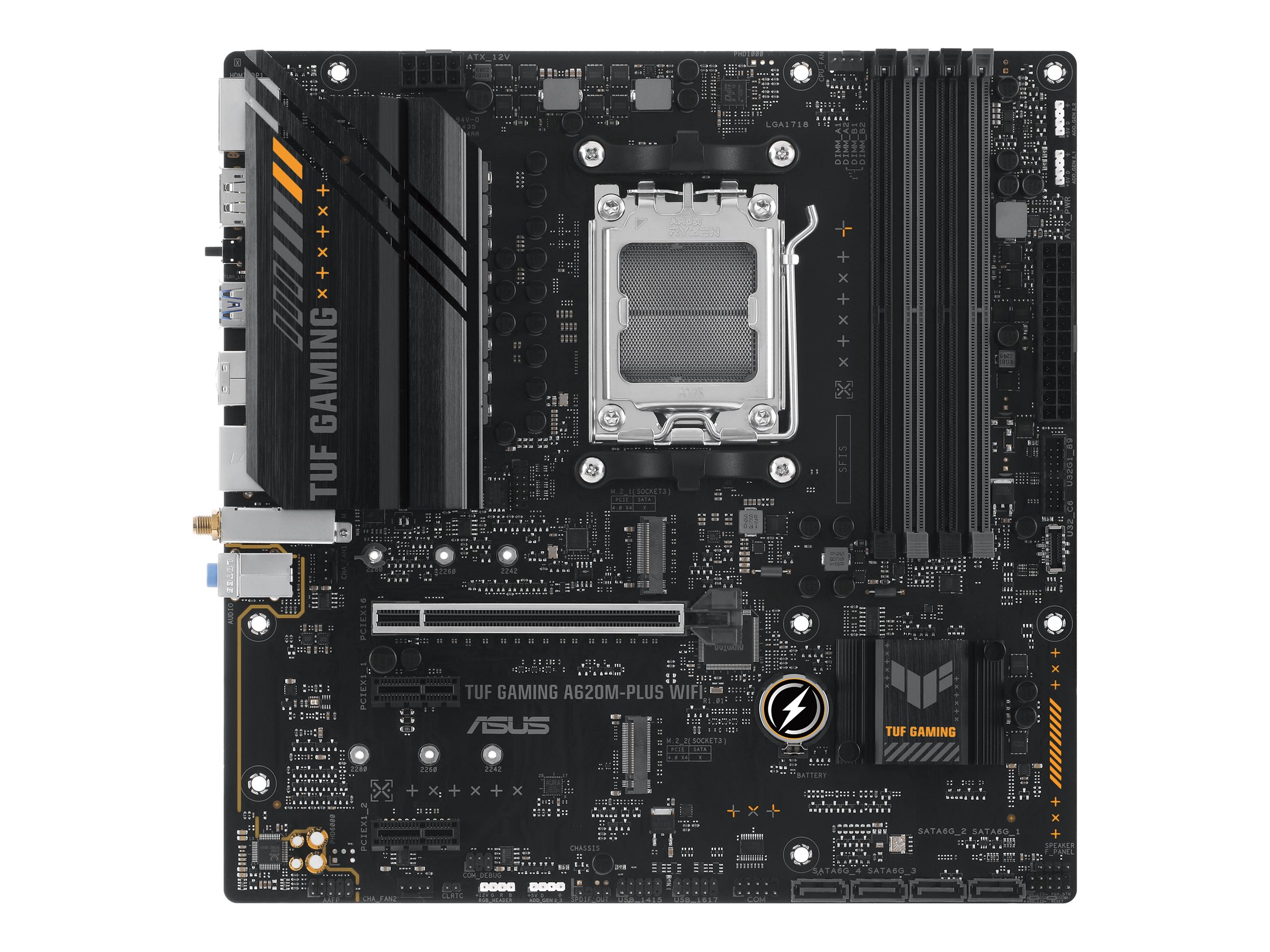 Asus | TUF GAMING A620M-PLUS WIFI | Processor family AMD | Processor socket AM5 | DDR5 DIMM | Memory slots 4 | Supported hard disk drive interfaces SATA, M.2 | Number of SATA connectors 4 | Chipset AMD A620 | Micro-ATX - Image 2