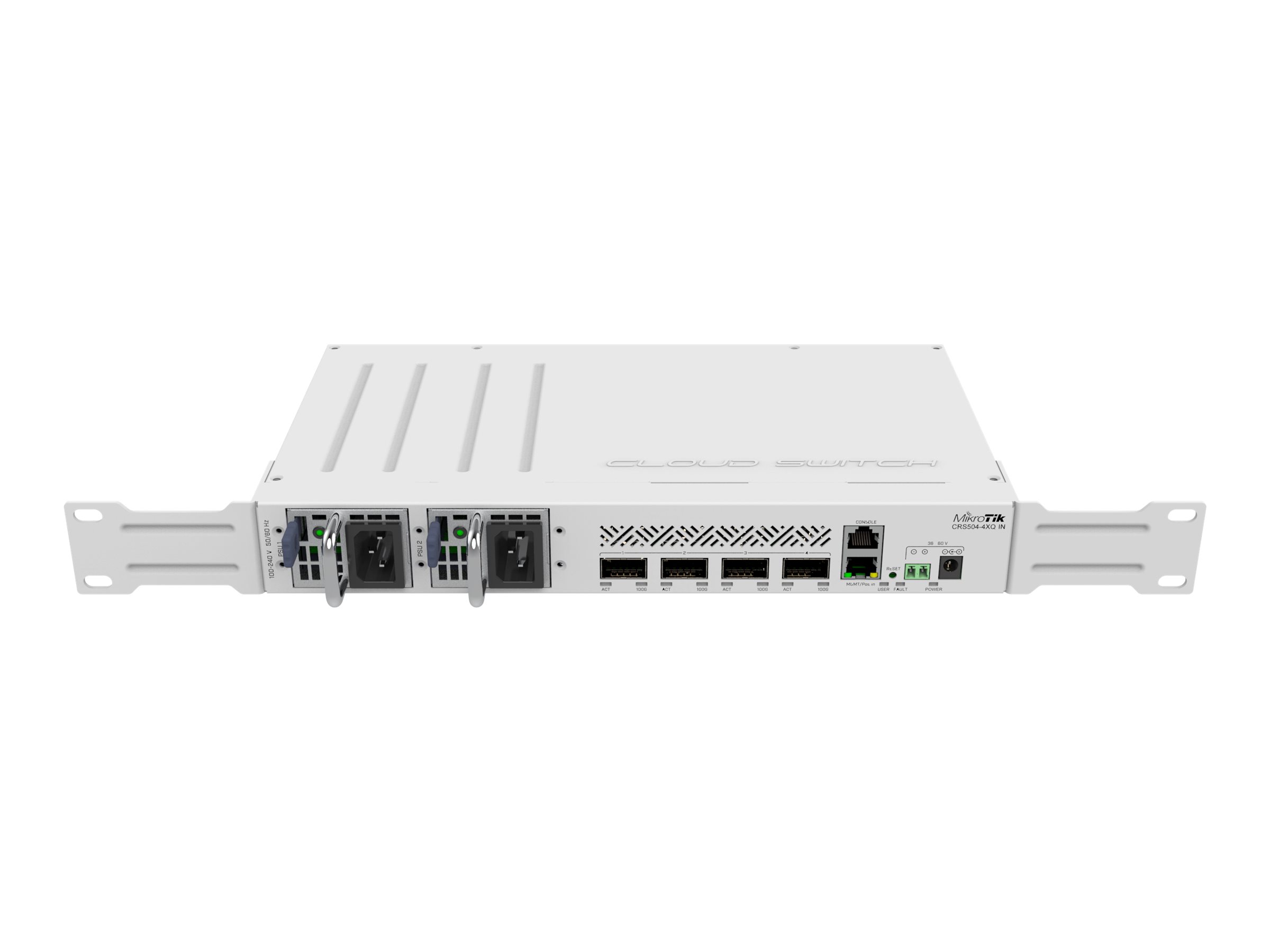 Cloud Router Switch | CRS504-4XQ-IN | No Wi-Fi | 10/100 Mbit/s | Ethernet LAN (RJ-45) ports 1 | Mesh Support No | MU-MiMO No | No mobile broadband