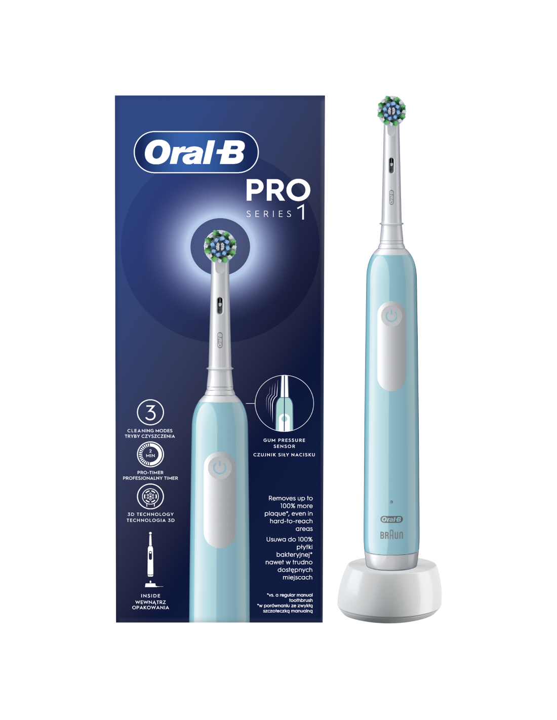 Oral-B | Electric Toothbrush | Pro Series 1 Cross Action | Rechargeable | For adults | Number of brush heads included 1 | Number of teeth brushing modes 3 | Caribbean Blue - Image 2