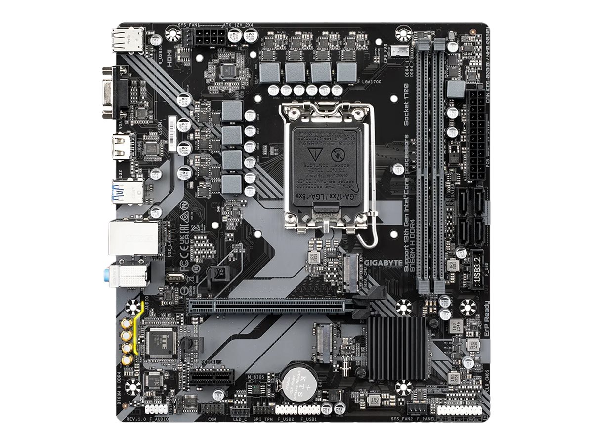 Gigabyte | B760M H DDR4 1.0 M/B | Processor family Intel | Processor socket LGA1700 | DDR4 DIMM | Memory slots 2 | Supported hard disk drive interfaces SATA, M.2 | Number of SATA connectors 4 | Chipset Intel B760 Express | Micro ATX - Image 2