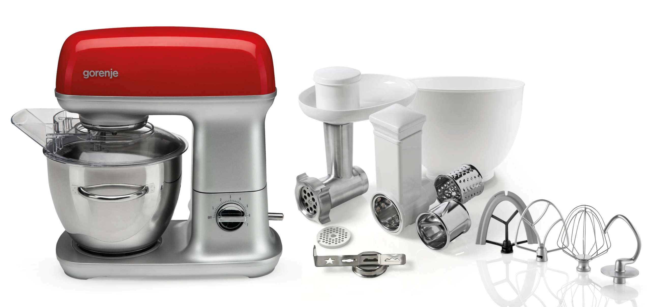 Gorenje | Kitchen machine | MMC1000RLR | 1000 W | Number of speeds 7 | Bowl capacity 4.5 L | Meat mincer | Stainless Steel/Red