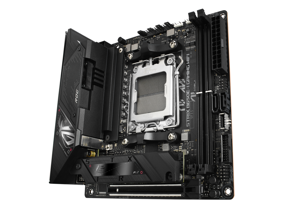 Asus | ROG STRIX B650E-I GAMING WIFI | Processor family AMD | Processor socket AM5 | DDR5 DIMM | Memory slots 2 | Supported hard disk drive interfaces SATA, M.2 | Number of SATA connectors 2 | Chipset AMD B650 | Mini-ITX - Image 4