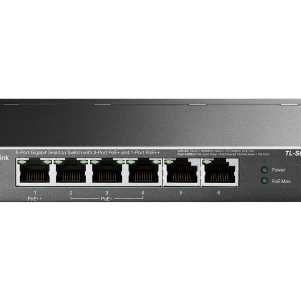 TP-LINK | 6-Port Gigabit Switch with 3-Port PoE+ and 1-Port PoE++ | TL-SG1006PP | Unmanaged | Desktop