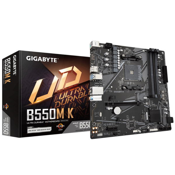 Gigabyte | B550M K 1.0 M/B | Processor family AMD | Processor socket AM4 | DDR4 DIMM | Memory slots 4 | Supported hard disk drive interfaces 	SATA, M.2 | Number of SATA connectors 4 | Chipset AMD B550 | Micro ATX