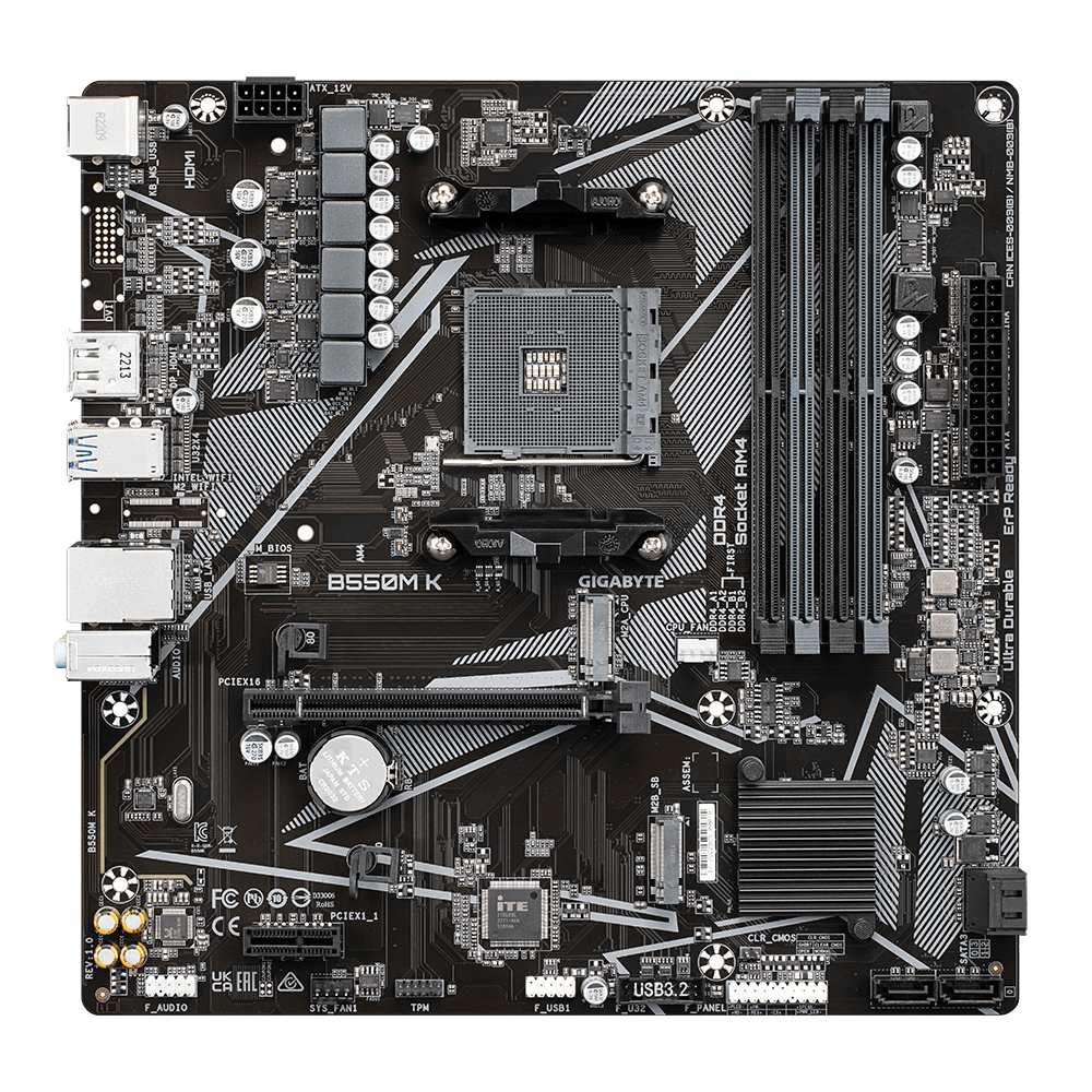 Gigabyte | B550M K 1.0 M/B | Processor family AMD | Processor socket AM4 | DDR4 DIMM | Memory slots 4 | Supported hard disk drive interfaces SATA, M.2 | Number of SATA connectors 4 | Chipset AMD B550 | Micro ATX - Image 3
