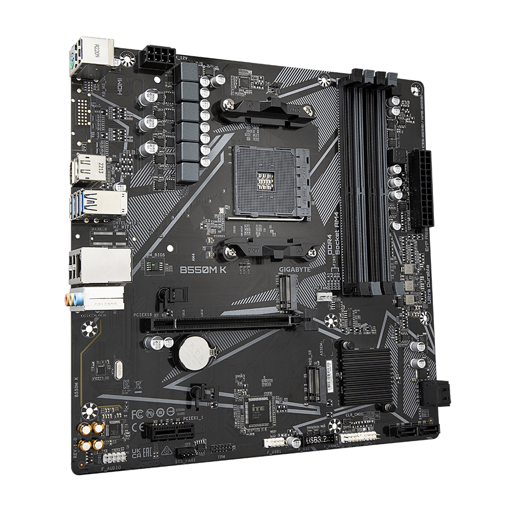 Gigabyte | B550M K 1.0 M/B | Processor family AMD | Processor socket AM4 | DDR4 DIMM | Memory slots 4 | Supported hard disk drive interfaces SATA, M.2 | Number of SATA connectors 4 | Chipset AMD B550 | Micro ATX - Image 5