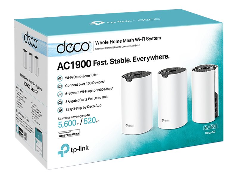AC1900 Whole Home Mesh Wi-Fi System | Deco S7 (3-pack) | 802.11ac | 10/100/1000 Mbit/s | Ethernet LAN (RJ-45) ports 1 | Mesh Support Yes | MU-MiMO Yes | No mobile broadband | Antenna type Internal - Image 4