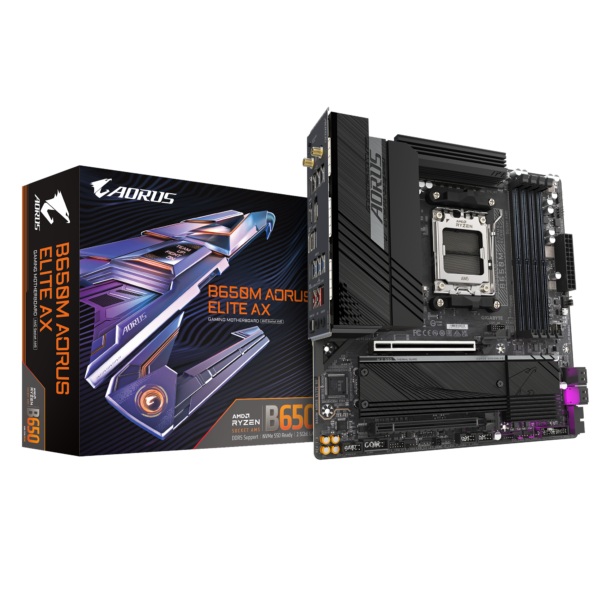 Gigabyte | B650M AORUS ELITE AX rev 1.3 | Processor family AMD | Processor socket AM5 | DDR5 DIMM | Supported hard disk drive interfaces 	SATA, M.2 | Number of SATA connectors 4