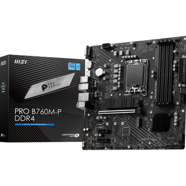MSI | PRO B760M-P DDR4 | Processor family Intel | Processor socket LGA1700 | DDR4 DIMM | Memory slots 4 | Supported hard disk drive interfaces SATA, M.2 | Number of SATA connectors 4 | Chipset Intel B760 | mATX