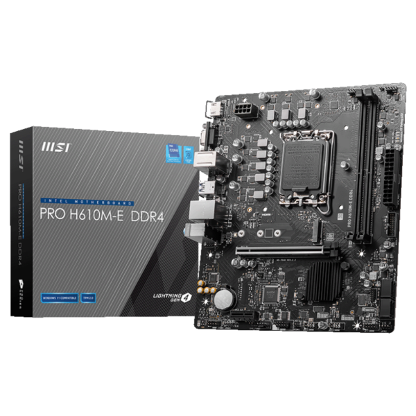 MSI | PRO H610M-E DDR4 | Processor family Intel | Processor socket LGA1700 | DDR4 DIMM | Memory slots 2 | Supported hard disk drive interfaces SATA, M.2 | Number of SATA connectors 4 | Chipset Intel H610 | Mirco-ATX