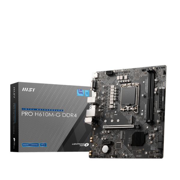 MSI | PRO H610M-G DDR4 | Processor family Intel | Processor socket LGA1700 | DDR4 DIMM | Memory slots 2 | Supported hard disk drive interfaces SATA, M.2 | Number of SATA connectors 4 | Chipset Intel H610 | M-ATX