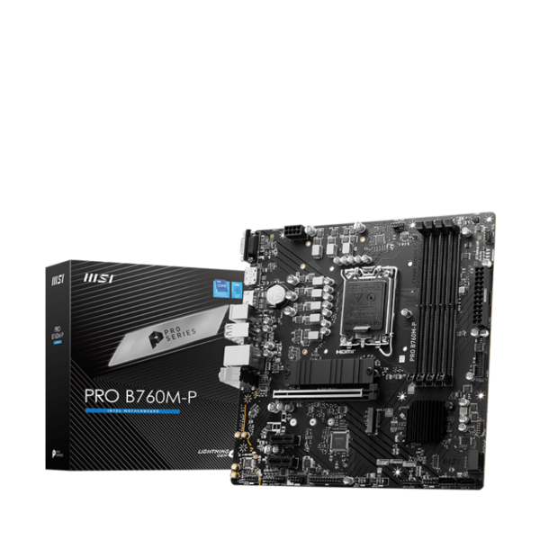 MSI | PRO B760M-P | Processor family Intel | Processor socket LGA1700 | DDR5 DIMM | Memory slots 4 | Supported hard disk drive interfaces SATA, M.2 | Number of SATA connectors 4 | Chipset Intel B760 | mATX