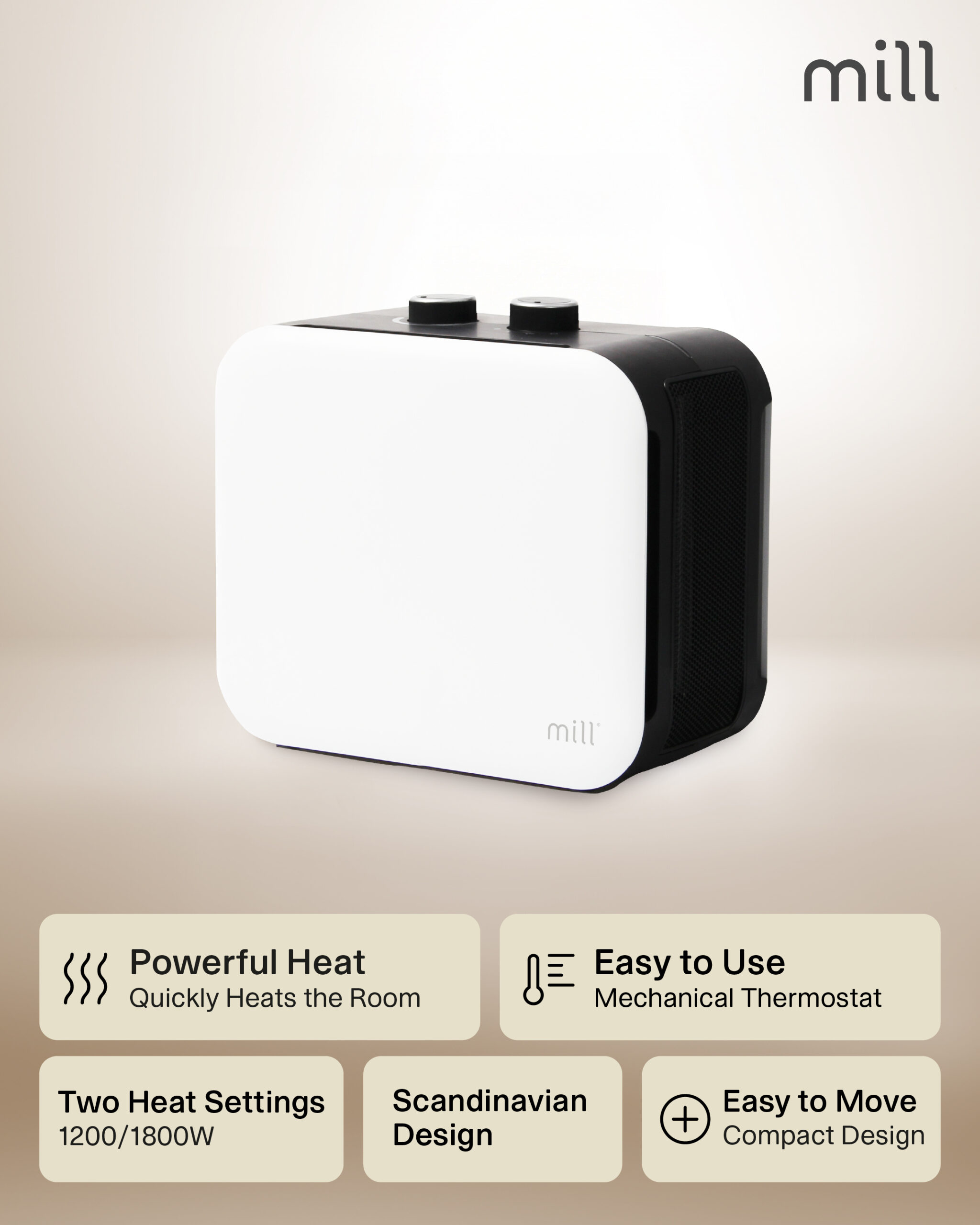 Mill | Compact PTC Fan Heater | CUS1800MECW | PTC Fan | 1800 W | Number of power levels 3 | Suitable for rooms up to 10-30 m² | White - Image 4