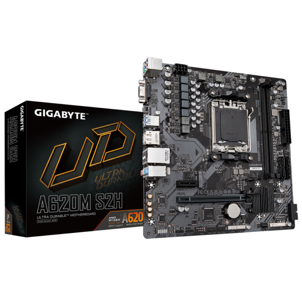 Gigabyte | A620M S2H 1.0 M/B | Processor family AMD | Processor socket AM5 | DDR5 DIMM | Memory slots 2 | Supported hard disk drive interfaces 	SATA, M.2 | Number of SATA connectors 4 | Chipset AMD A620 | Micro ATX