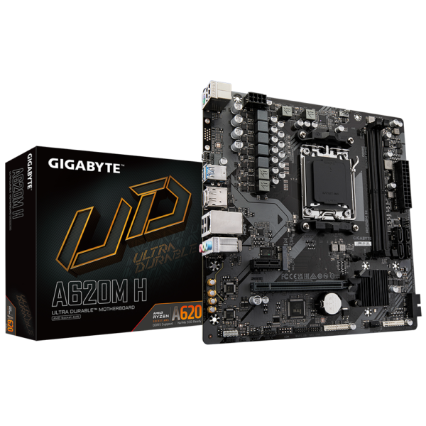 Gigabyte | A620M H 1.0 M/B | Processor family AMD | Processor socket AM5 | DDR5 DIMM | Memory slots 2 | Supported hard disk drive interfaces SATA, M.2 | Number of SATA connectors 4 | Chipset AMD A620 | Micro ATX