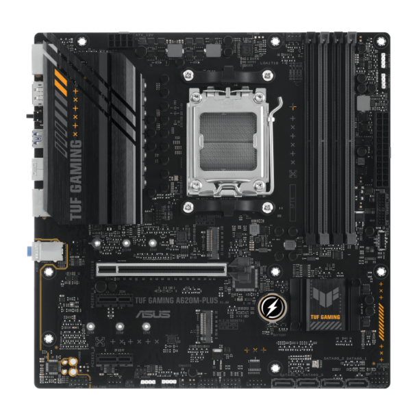Asus | TUF GAMING A620M-PLUS | Processor family AMD | Processor socket AM5 | DDR5 DIMM | Memory slots 4 | Supported hard disk drive interfaces SATA, M.2 | Number of SATA connectors 4 | Chipset AMD A620 | Micro-ATX