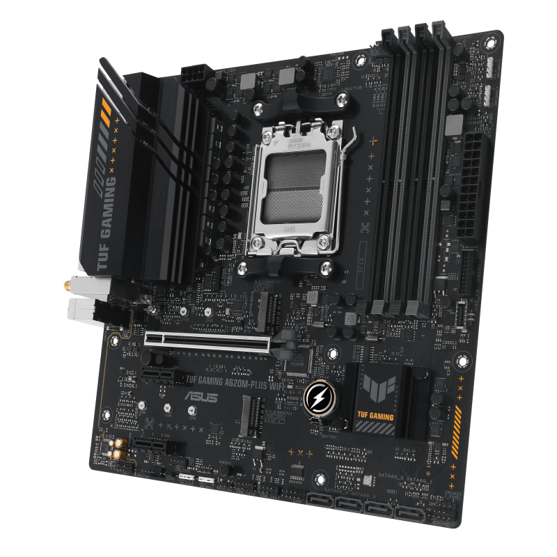 Asus | TUF GAMING A620M-PLUS WIFI | Processor family AMD | Processor socket AM5 | DDR5 DIMM | Memory slots 4 | Supported hard disk drive interfaces SATA, M.2 | Number of SATA connectors 4 | Chipset AMD A620 | Micro-ATX - Image 4