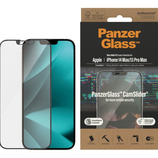 PanzerGlass | CamSlider | Apple | iPhone 14 Plus/13 Pro Max | Tempered glass | Clear | Protects the entire screen; 100% touch; Easy to install | Screen protector