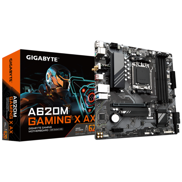 Gigabyte | A620M GAMING X AX 1.0 M/B | Processor family AMD | Processor socket AM5 | DDR5 DIMM | Memory slots 4 | Supported hard disk drive interfaces SATA, M.2 | Number of SATA connectors 4 | Chipset AMD A620 | Micro ATX