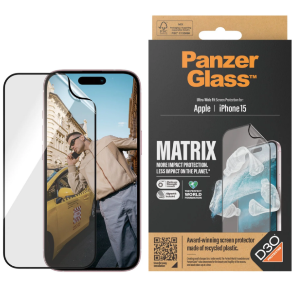 PanzerGlass | Screen protector | Apple | iPhone 15 | Recycled plastic | Transparent | Ultra-Wide Fit; Easy installation; Fingerprint resistant; Anti-yellowing; Touch sensitivity | MATRIX with D3O
