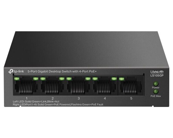 TP-LINK | 5-Port Gigabit Desktop Switch with 4-Port PoE+ | LS105GP | Unmanaged | Desktop
