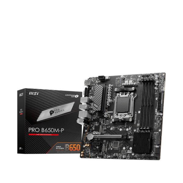MSI | PRO B650M-P | Processor family AMD | Processor socket AM5 | DDR5 | Memory slots 4 | Supported hard disk drive interfaces SATA, M.2 | Number of SATA connectors 4 | Chipset AMD B650 | mATX