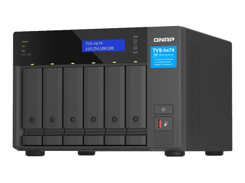 QNAP ZFS-based storage | TVS-h674-i5-32G with PCIe Gen 4 expandability for 10/25GbE connectivity, M.2 NVMe SSD caching and multi-threads processors | Intel | i5-12400 6-core/12-thread | 32 GB | DDR4 SODIMM | Black