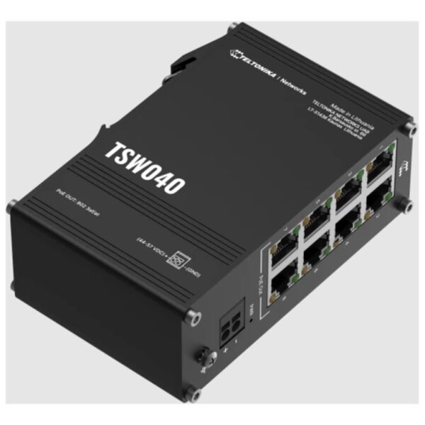 Teltonika Industrial Switch | TSW040 | Unmanaged | DIN rail mountable | 10/100 Mbps (RJ-45) ports quantity 8 | PoE+ ports quantity 8 | Power supply type 2-pin industrial DC power socket