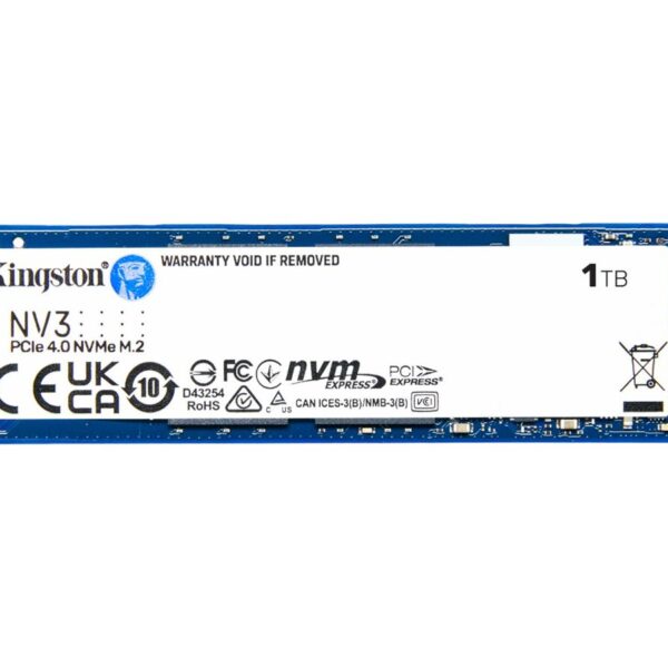Kingston SSD | NV3 | 1000 GB | SSD form factor M.2 2280 | Solid-state drive interface PCIe NVMe Gen 4.0 (x4) | Read speed 6000 MB/s | Write speed 4000 MB/s