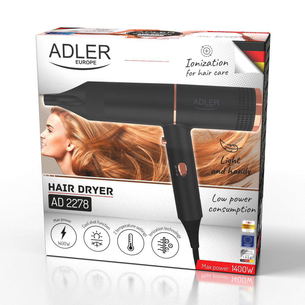 Adler Hair Dryer | AD 2278 | 1400 W | Number of temperature settings 2 | Ionic function | Black - Image 3