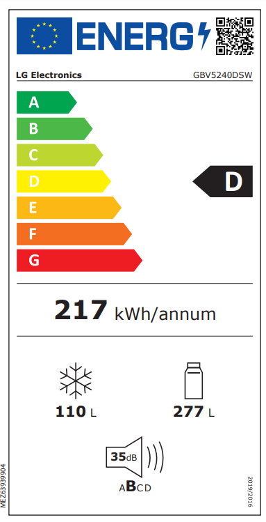 LG | Refrigerator | GBV5240DSW | Energy efficiency class D | Free standing | Combi | Height 203 cm | No Frost system | Fridge net capacity 277 L | Freezer net capacity 110 L | Display | 35 dB | White - Image 10
