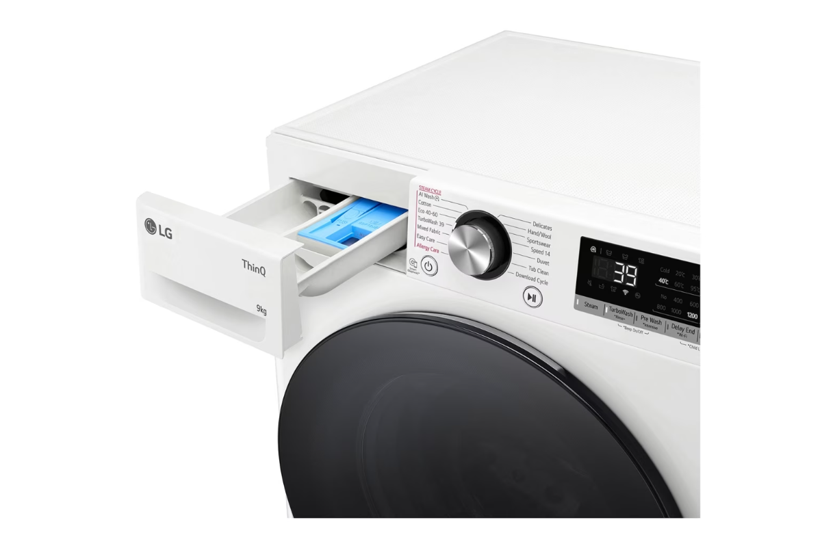 LG | Washing machine | F2WR709S2W | Energy efficiency class A | Front loading | Washing capacity 9 kg | 1200 RPM | Depth 47.5 cm | Width 60 cm | LED | Steam function | Direct drive | Wi-Fi | White - Image 6