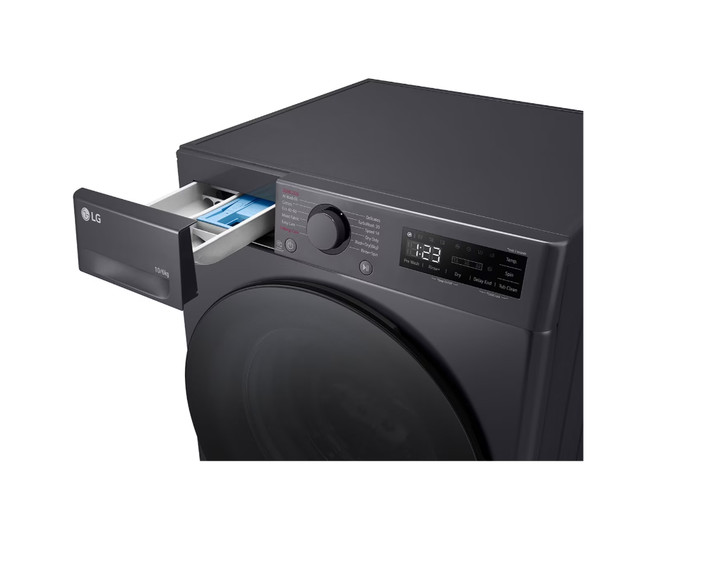 LG | Washing machine with dryer | F4DR510S2M | Energy efficiency class A | Front loading | Washing capacity 10 kg | 1400 RPM | Depth 56.5 cm | Width 60 cm | Display | LED | Drying system | Drying capacity 6 kg | Steam function | Direct drive | Middle Black - Image 7