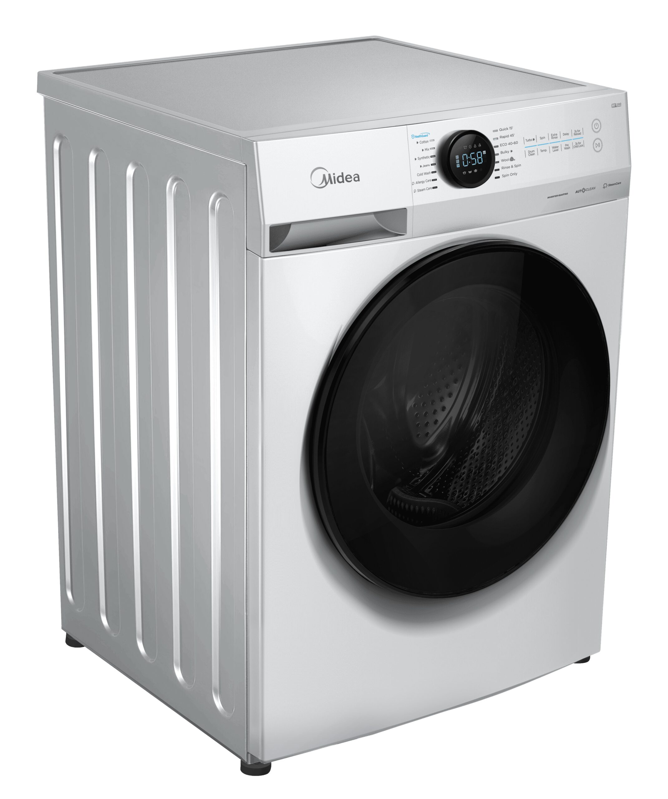 Midea Washing Machine | MF200W80WB/W-HR | Energy efficiency class A | Front loading | Washing capacity 8 kg | 1400 RPM | Depth 48 cm | Width 60 cm | Display | LCD | Steam function | White - Image 3