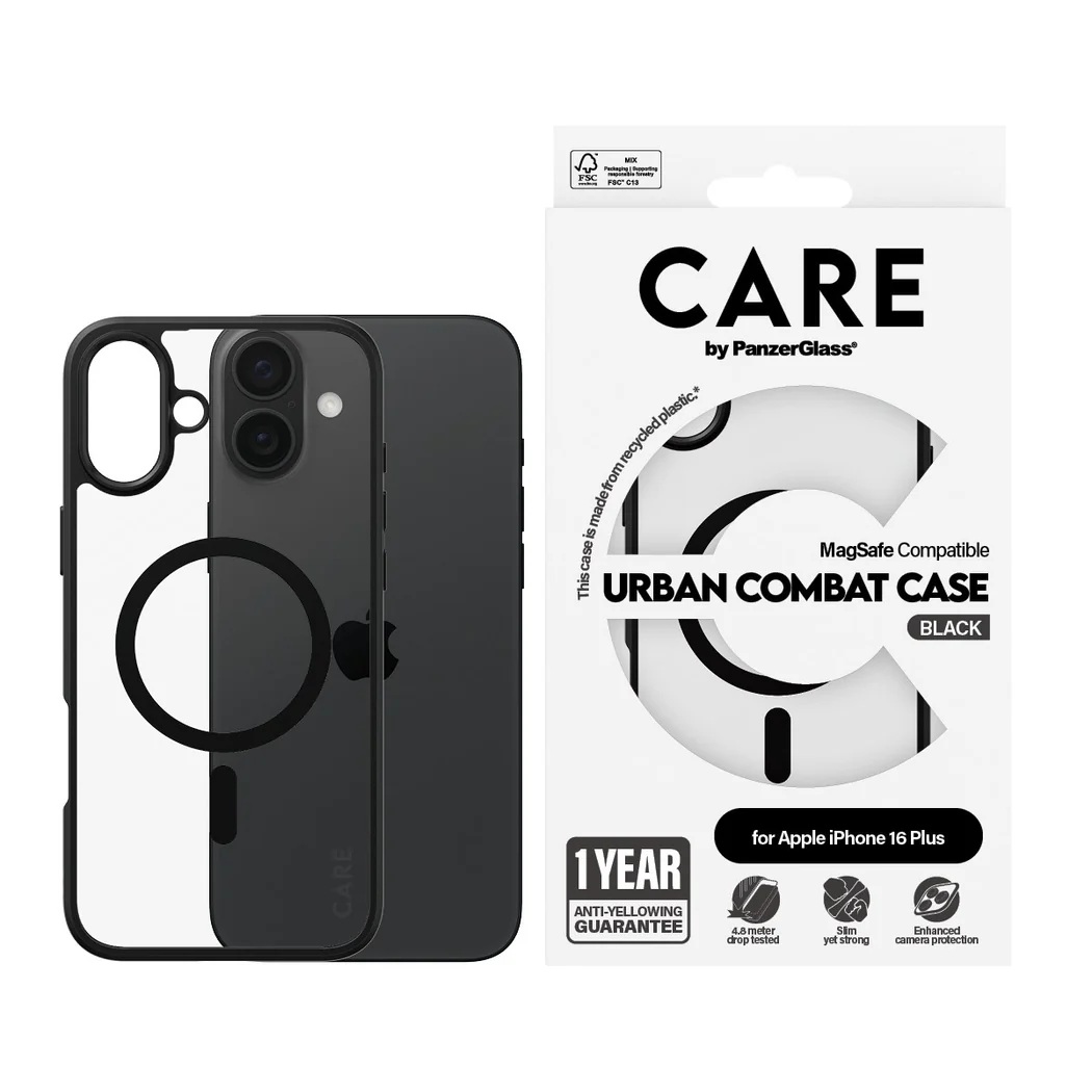 CARE by PanzerGlass Case Flagship Urban Combat | Back protection | Apple | iPhone 16 Plus | Recycled plastic | Transparent/Black | MagSafe - Image 5