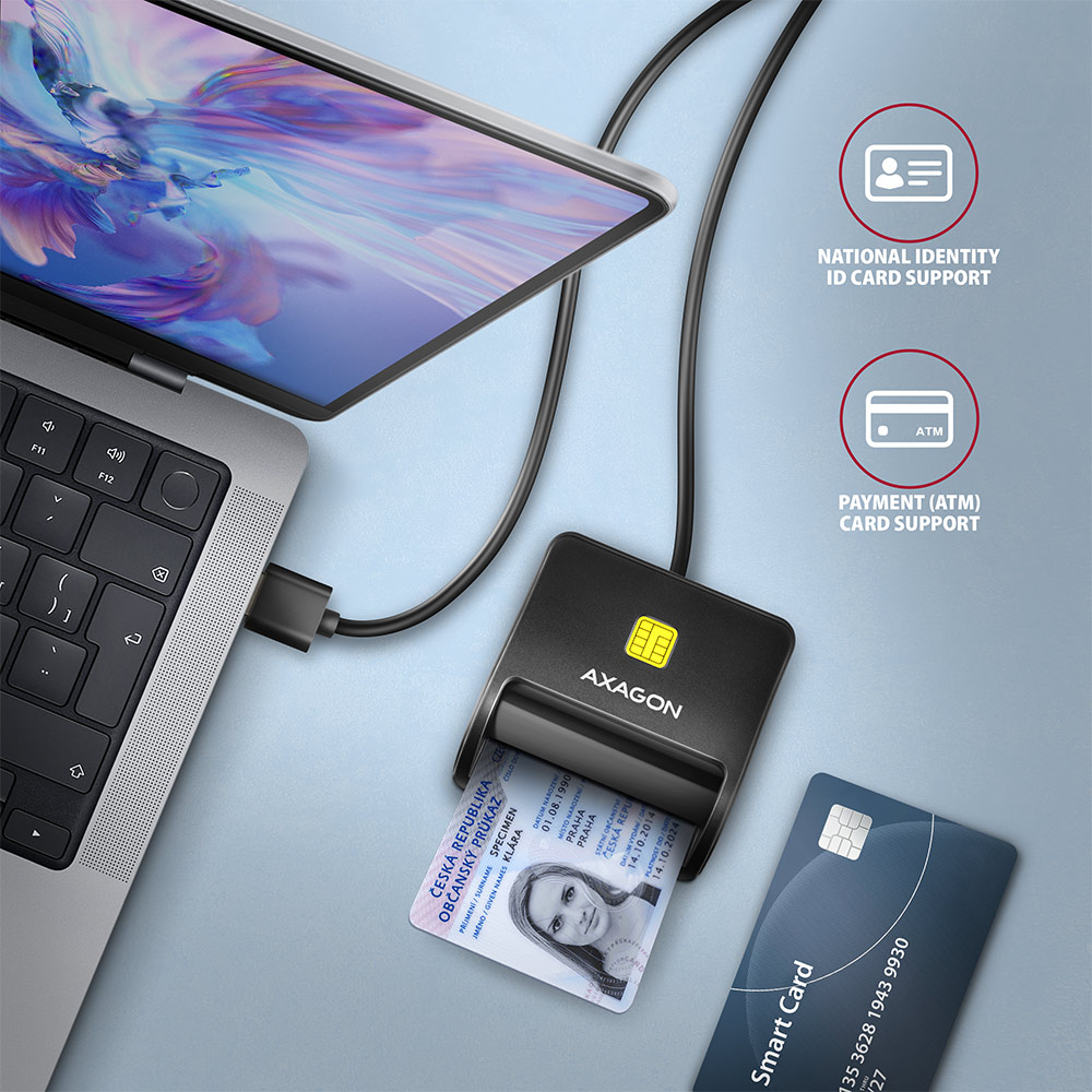 AXAGON Compact desktop USB contact Smart/ID card reader with long, USB-A cable | CRE-SM3N - Image 2