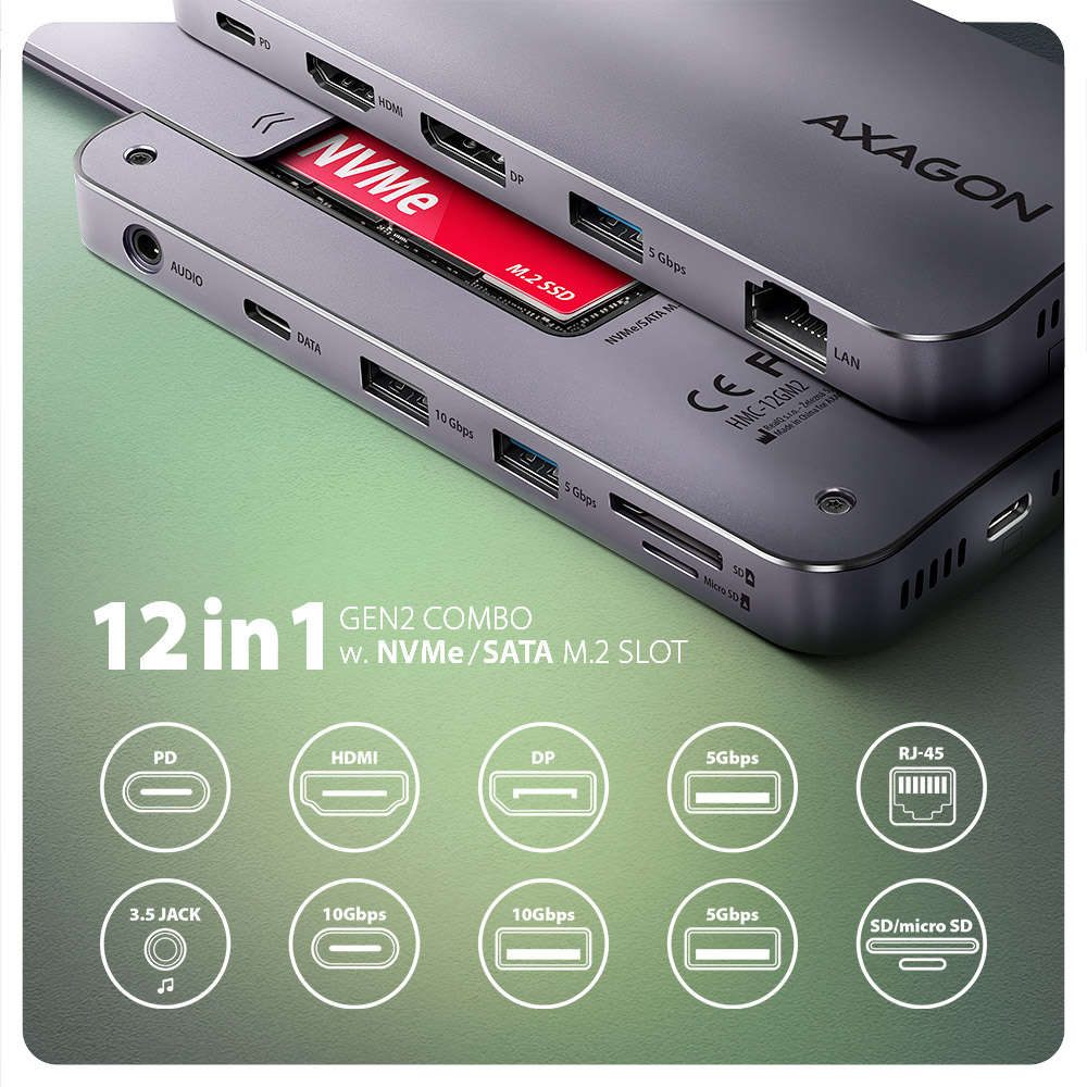 AXAGON USB-C 10Gbps GEN2COMBO 12in1 Hub | HMC-12GM2 - Image 2
