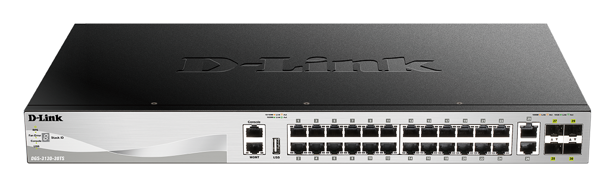 D-Link | DGS-3130-30TS | Switch | Managed L3 | Rack mountable | Gigabit Ethernet (copper) ports quantity 24 | 10 Gbps (RJ-45) ports quantity 2 | SFP+ ports quantity 4 | Power supply type Optional redundant