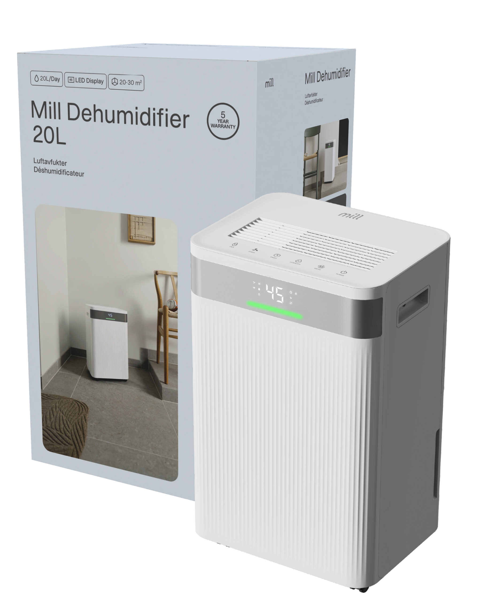 Mill Dehumidifier | MDH20 | Suitable for rooms up to 20-30 m² | Water tank capacity 4 L | White