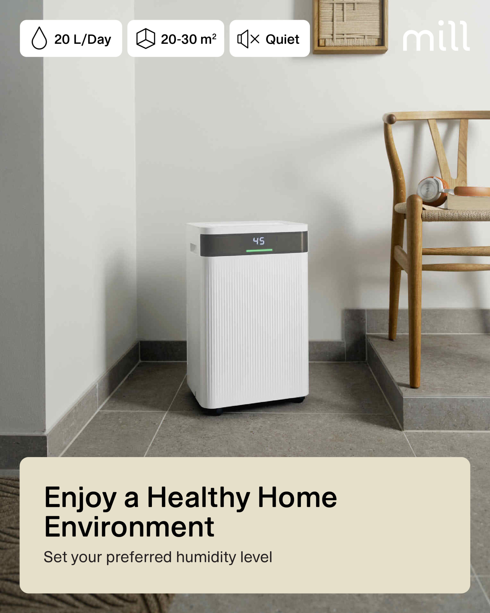 Mill Dehumidifier | MDH20 | Suitable for rooms up to 20-30 m² | Water tank capacity 4 L | White - Image 2