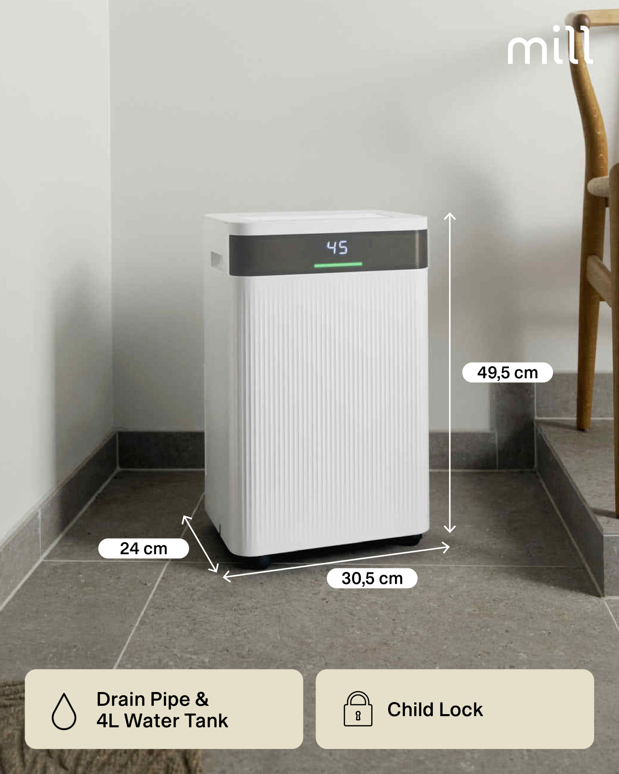 Mill Dehumidifier | MDH20 | Suitable for rooms up to 20-30 m² | Water tank capacity 4 L | White - Image 3