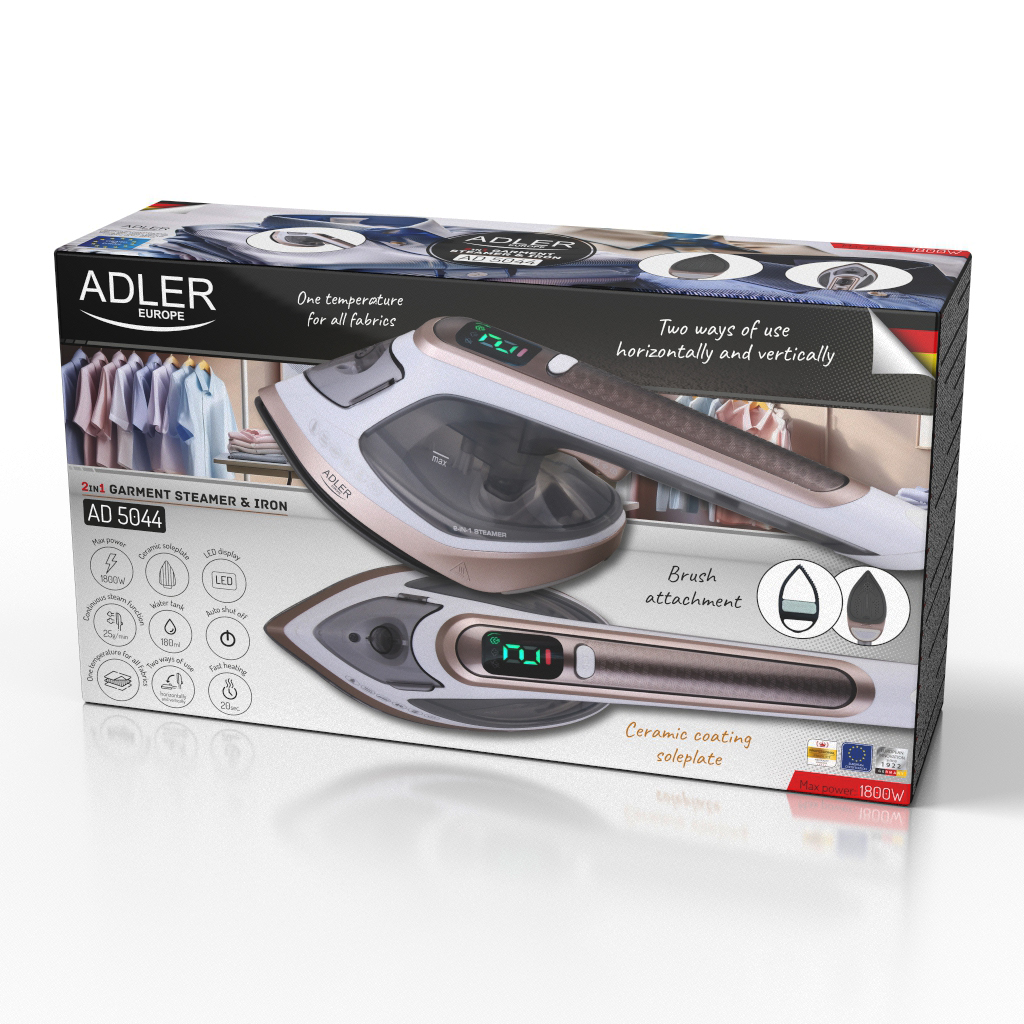 Adler 2in1 Garment Steamer and Iron | AD 5044 | Handheld | 1400 W | 0.18 L | 25 g/min | White/Gold - Image 3