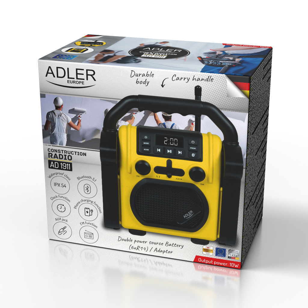 Adler | Construction radio with Bluetooth | AD 1911 | AUX in | Black/Yellow - Image 4