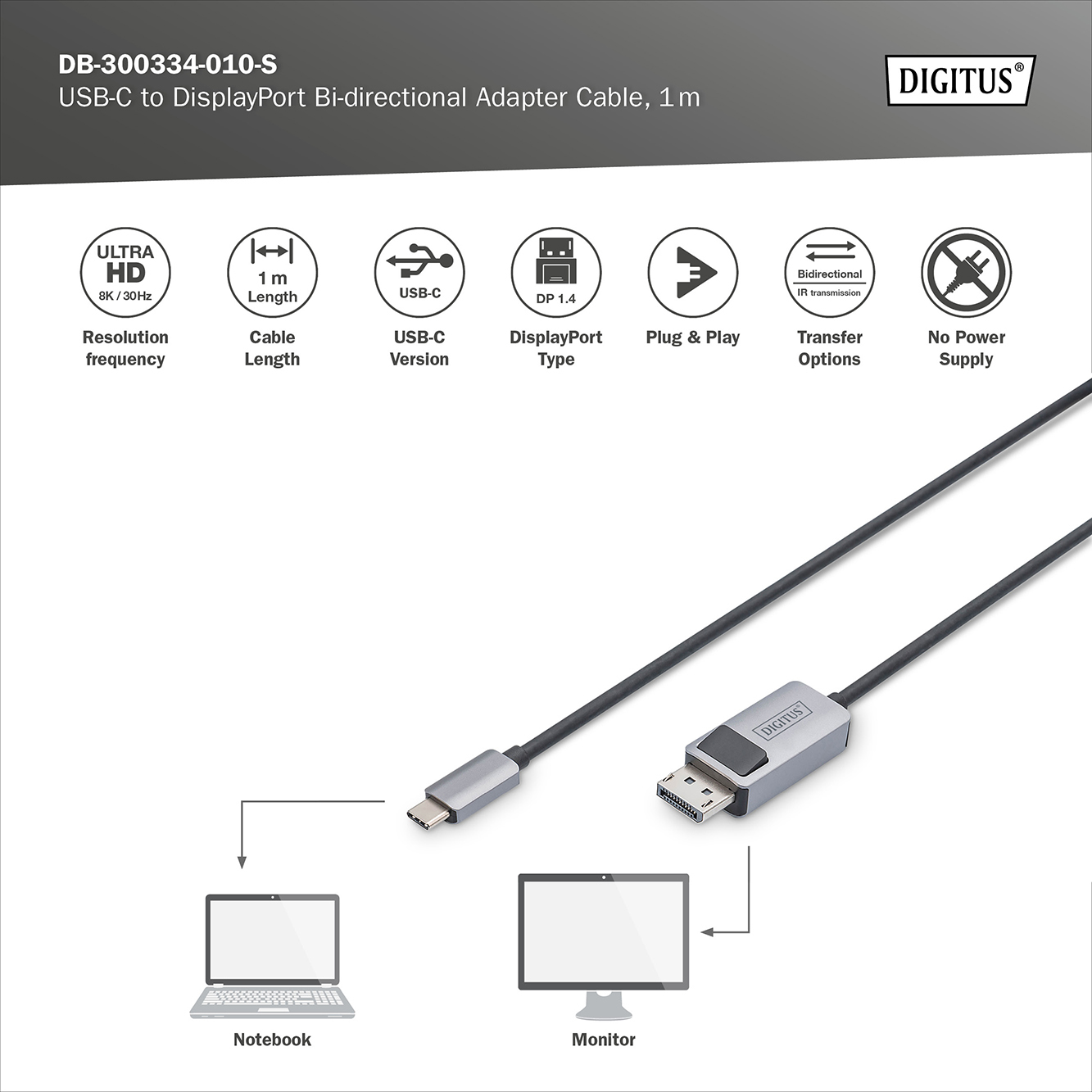 Digitus | Bi-directional Adapter Cable | DB-300334-010-S | USB-C to DisplayPort - Image 5