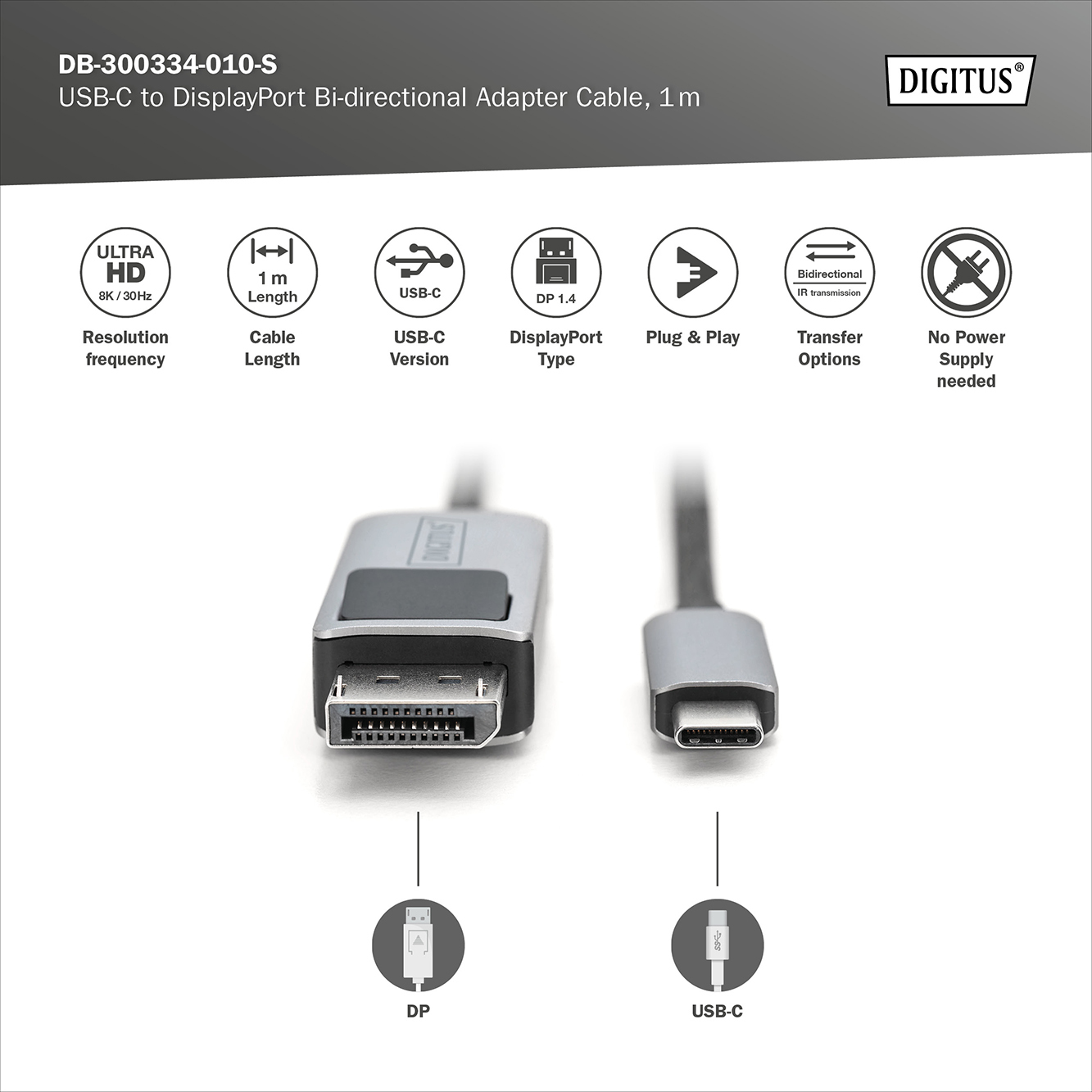 Digitus | Bi-directional Adapter Cable | DB-300334-010-S | USB-C to DisplayPort - Image 6